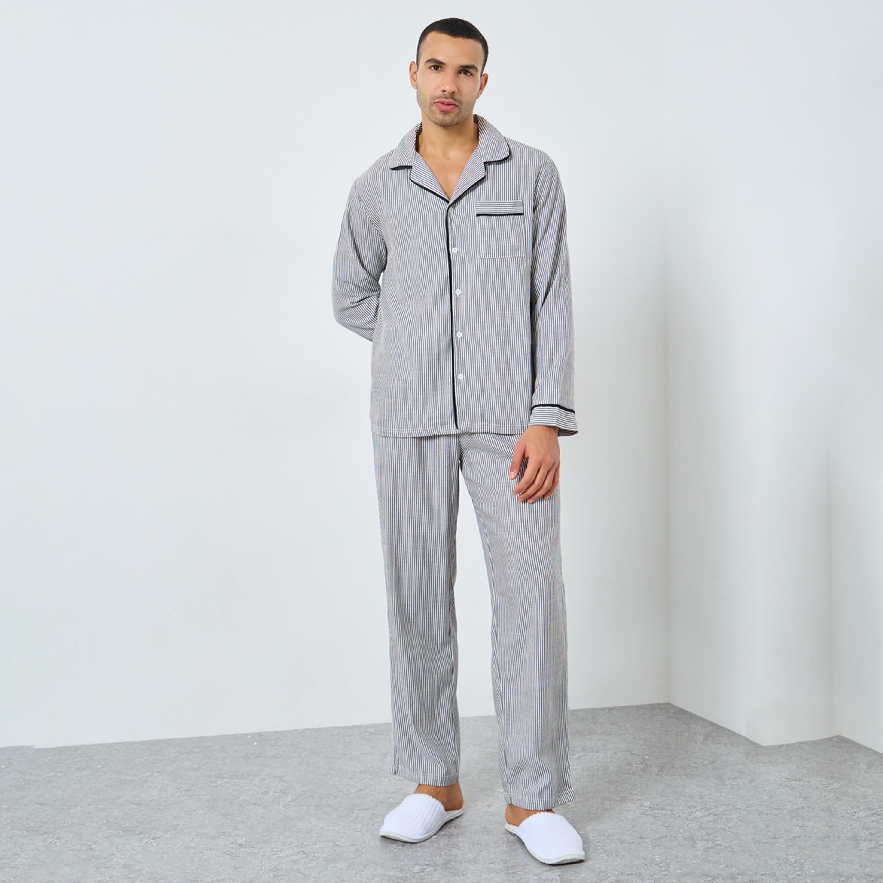 ستايلي - بيجاما قميص مخطط بأزرار للرجال-men-clothing-nightwear-sets-image-1
