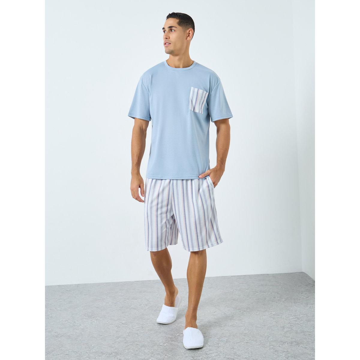 Styli Men Light Blue T-Shirt and Striped Pyjama Set-men-clothing-nightwear-sets-image-1