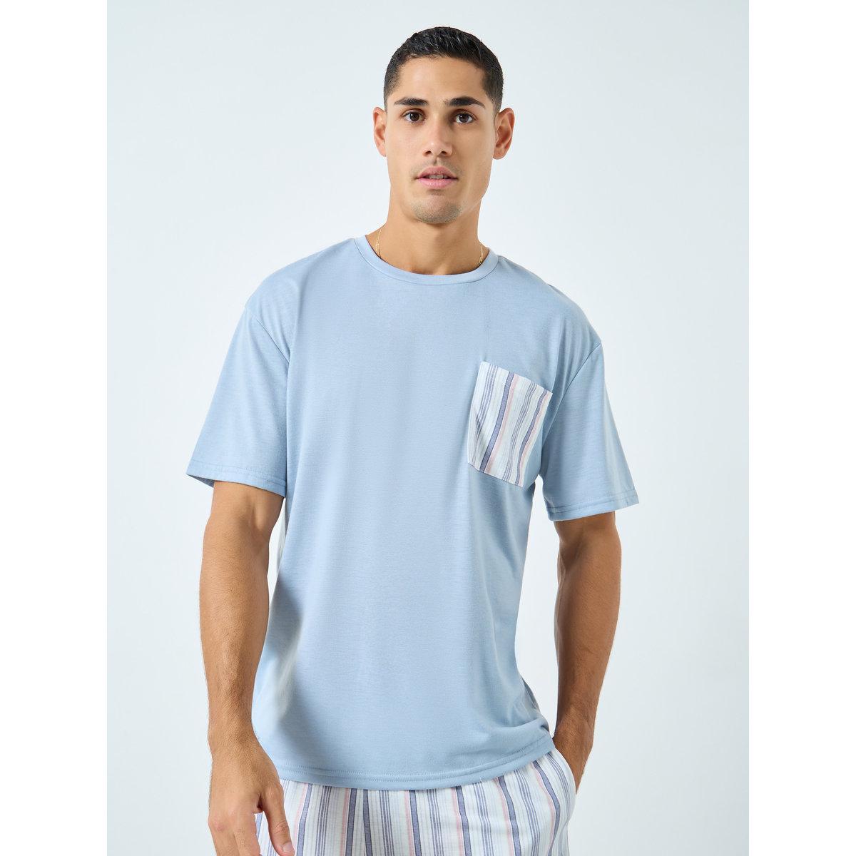 Styli Men Light Blue T-Shirt and Striped Pyjama Set-men-clothing-nightwear-sets-image-2