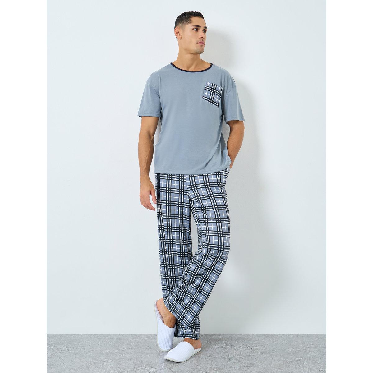 Styli Men Blue T-Shirt and Checked Pyjama Set-men-clothing-nightwear-sets-image-1