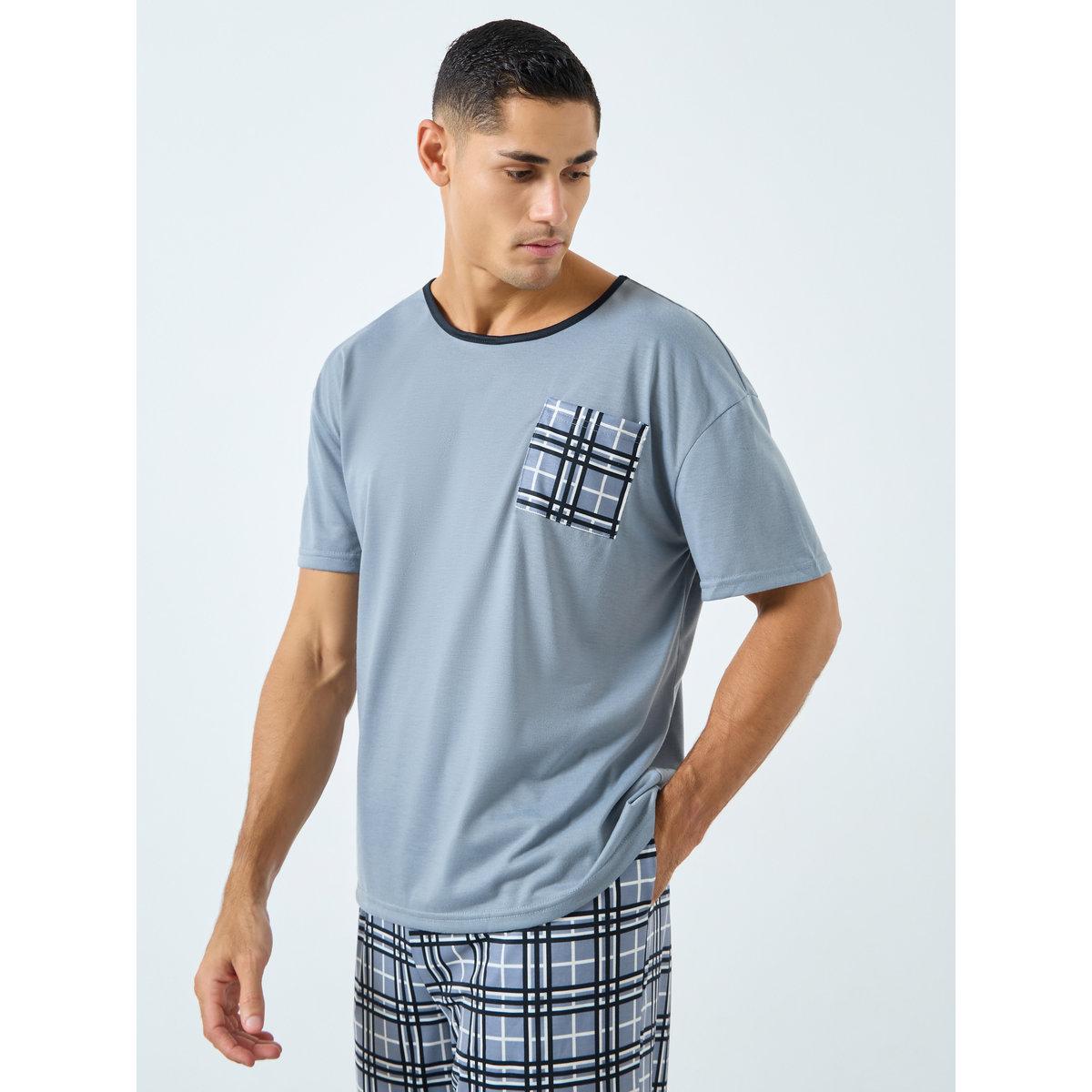 Styli Men Blue T-Shirt and Checked Pyjama Set-men-clothing-nightwear-sets-image-2