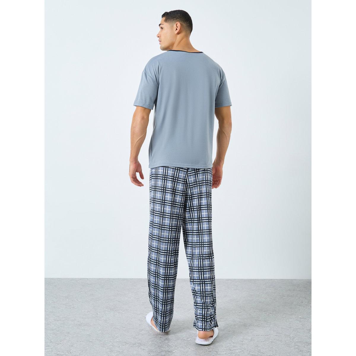 Styli Men Blue T-Shirt and Checked Pyjama Set-men-clothing-nightwear-sets-image-4