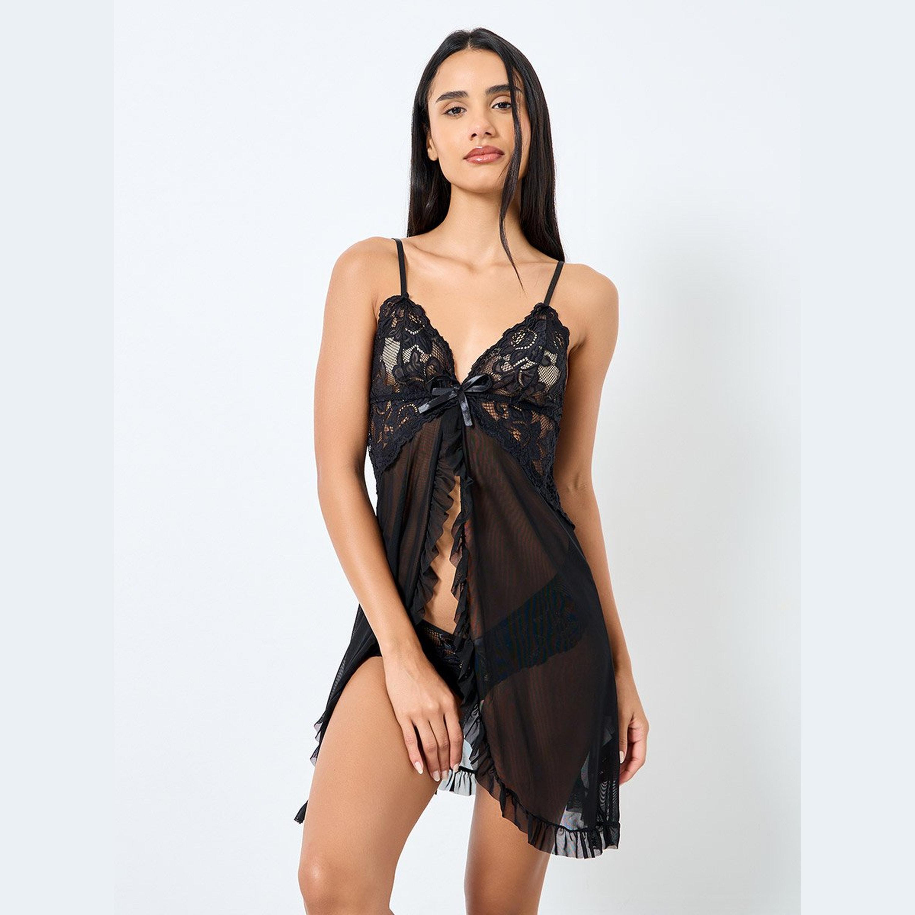 ستايلي - ملابس نوم مفتوح من الأمام ومنتصف الدانتيل مع كشكشة وحاشية وسروال داخلي-women-clothing-lingerie-babydollsandbodysuits-image-1