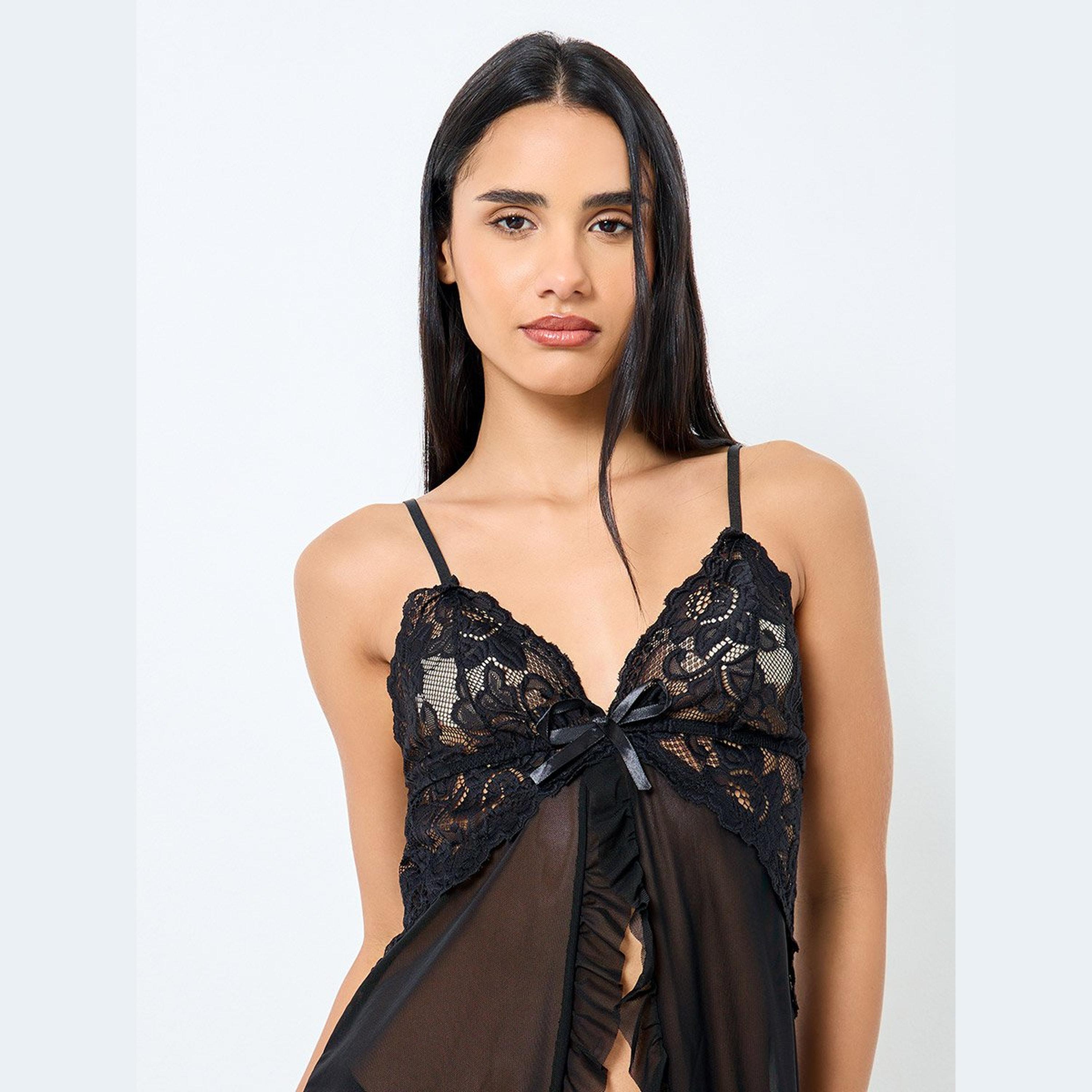 ستايلي - ملابس نوم مفتوح من الأمام ومنتصف الدانتيل مع كشكشة وحاشية وسروال داخلي-women-clothing-lingerie-babydollsandbodysuits-image-2