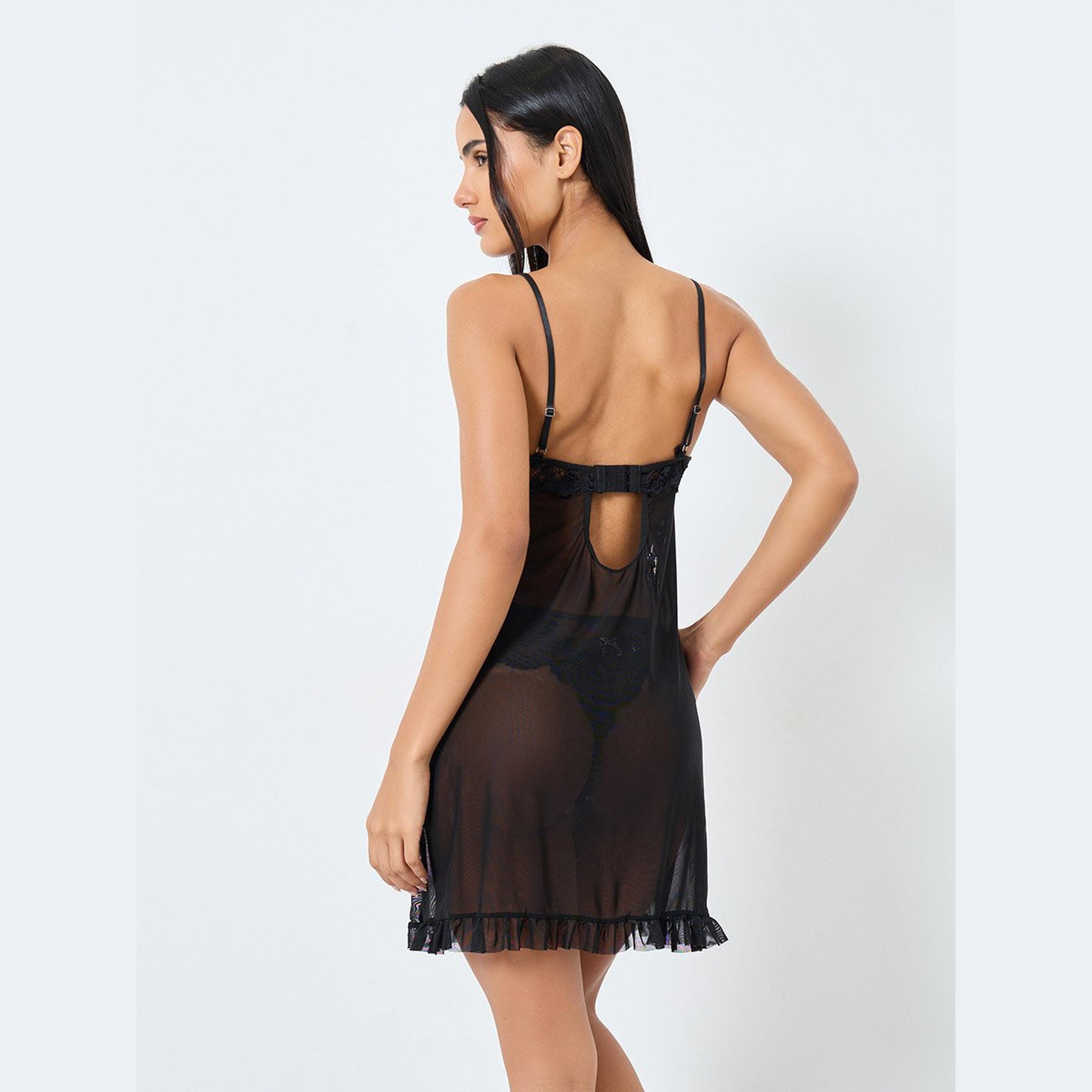 ستايلي - ملابس نوم مفتوح من الأمام ومنتصف الدانتيل مع كشكشة وحاشية وسروال داخلي-women-clothing-lingerie-babydollsandbodysuits-image-5
