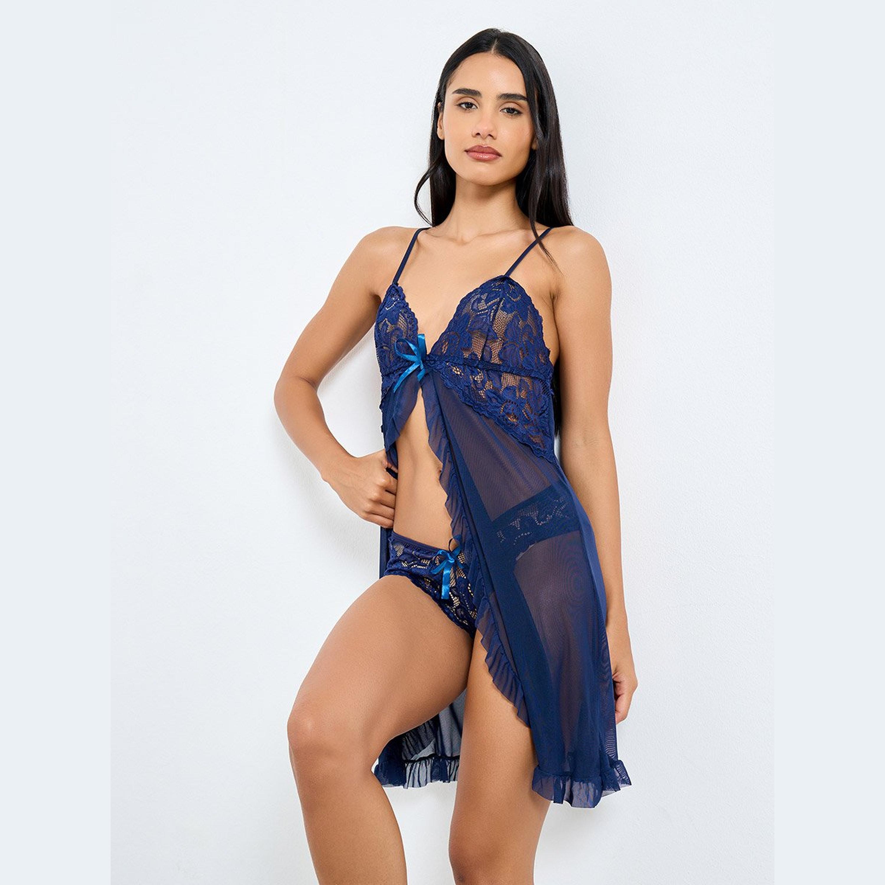 ستايلي - ملابس نوم مفتوح من الأمام ومنتصف الدانتيل مع كشكشة وحاشية وسروال داخلي-women-clothing-lingerie-babydollsandbodysuits-image-1