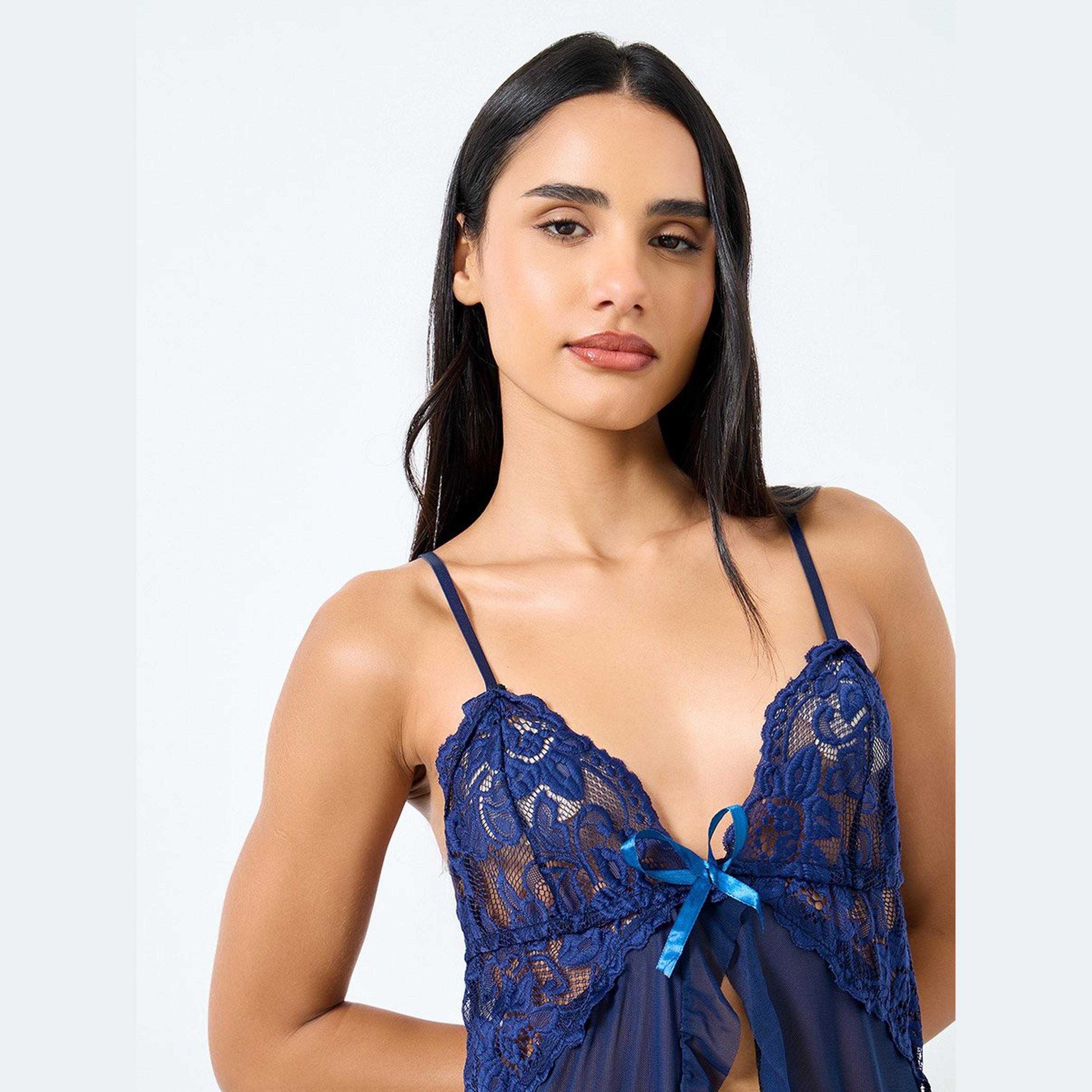 ستايلي - ملابس نوم مفتوح من الأمام ومنتصف الدانتيل مع كشكشة وحاشية وسروال داخلي-women-clothing-lingerie-babydollsandbodysuits-image-2