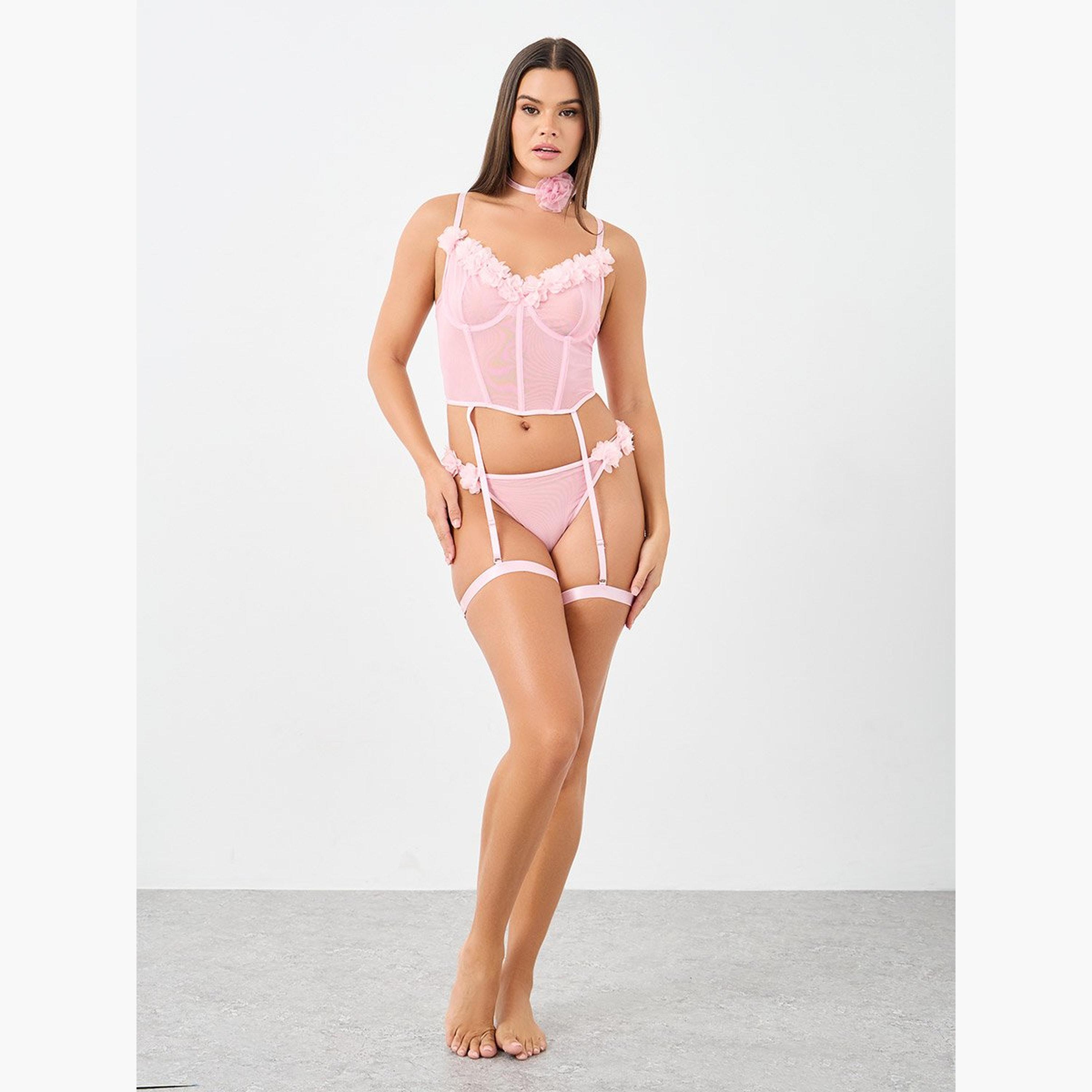 ستايلي - مشد بتفاصيل وردة، وسروال داخلي، وربطة عنق على شكل وردة- 4 قطع-women-clothing-lingerie-lingeriesets-image-2