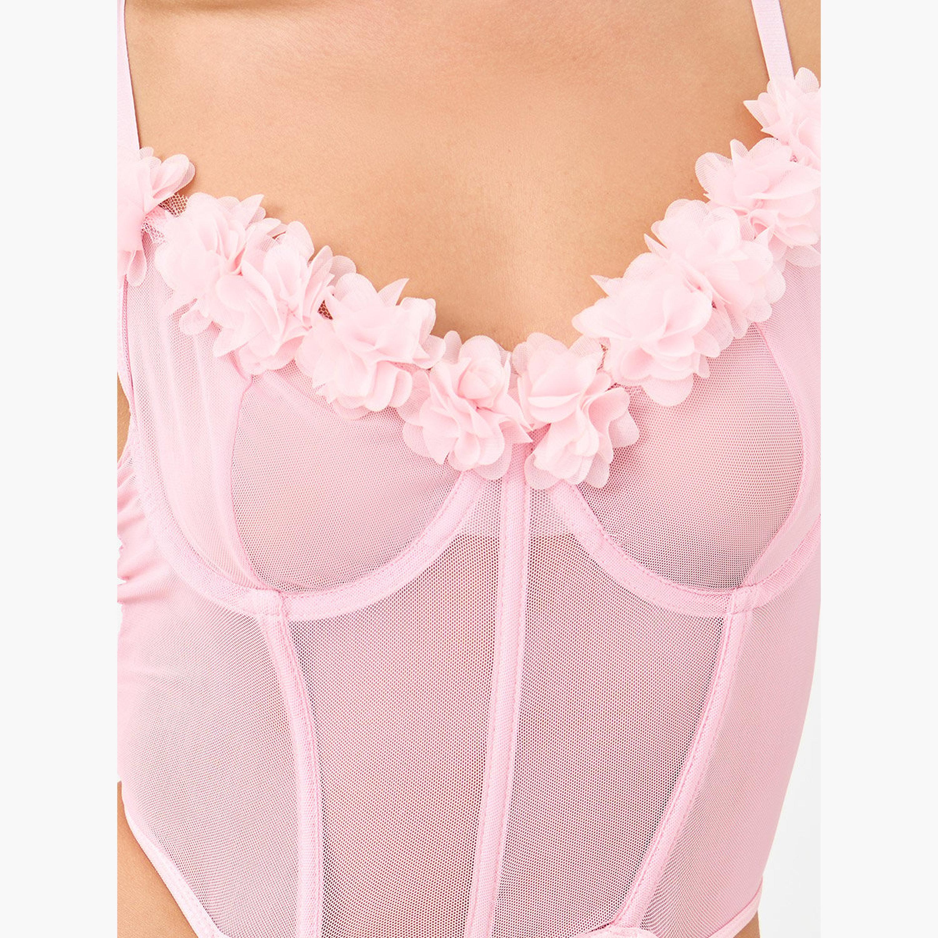 ستايلي - مشد بتفاصيل وردة، وسروال داخلي، وربطة عنق على شكل وردة- 4 قطع-women-clothing-lingerie-lingeriesets-image-3