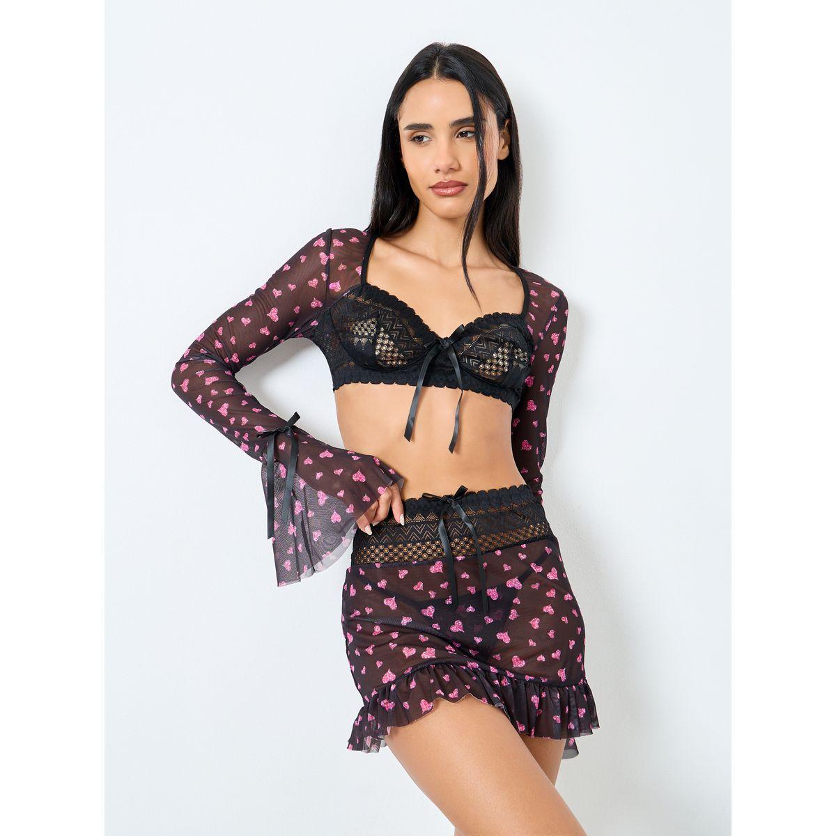 صدرية بطبعة قلوب مع تنورة وثونغ-women-clothing-lingerie-lingeriesets-image-1