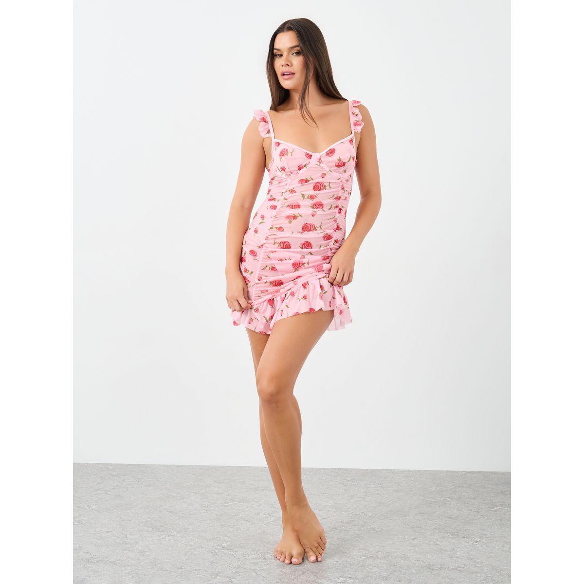 قميص نوم بطبعة زهور بتفاصيل مزمومة مع سروال داخلي بنمط ثونغ-women-clothing-lingerie-babydollsandbodysuits-image-2