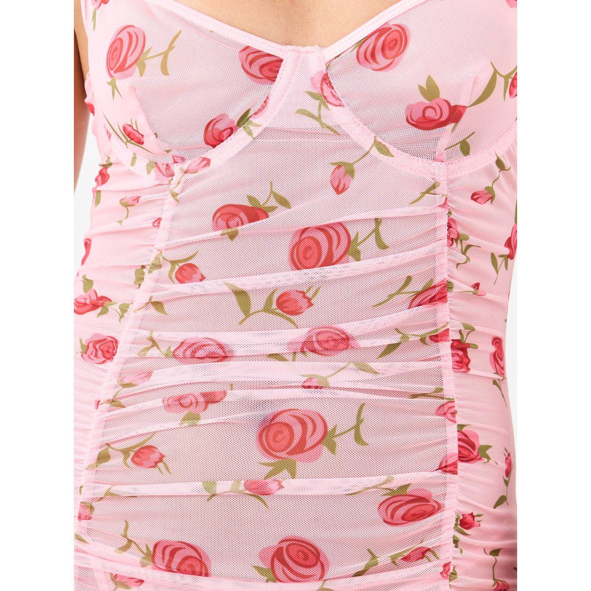 قميص نوم بطبعة زهور بتفاصيل مزمومة مع سروال داخلي بنمط ثونغ-women-clothing-lingerie-babydollsandbodysuits-image-3