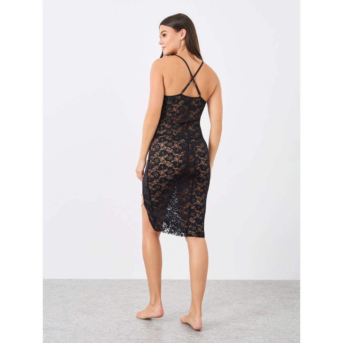 قميص نوم دانتيل بتفاصيل سلسلة مع سروال داخلي بنمط ثونغ-women-clothing-lingerie-babydollsandbodysuits-image-5