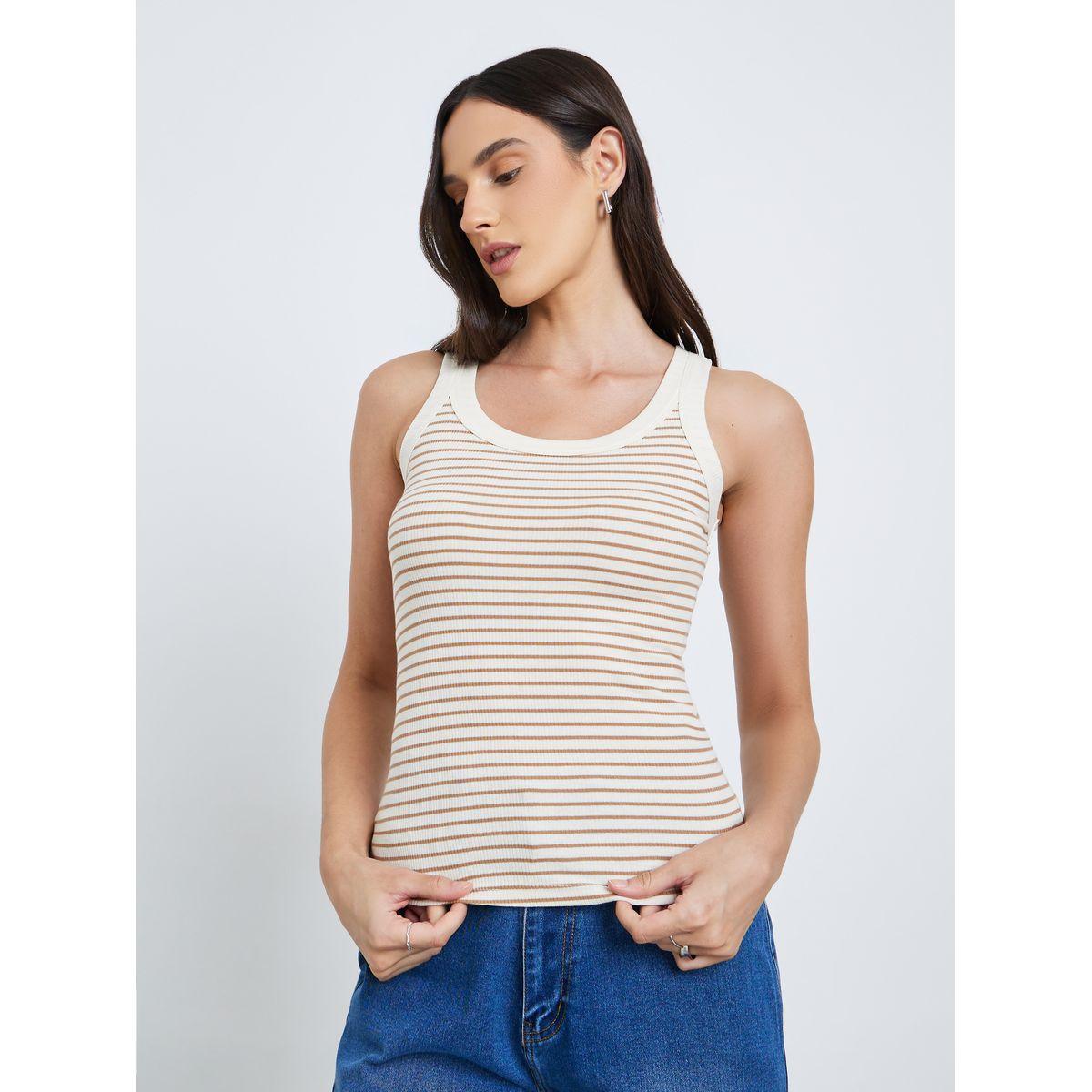 Styli Women Beige Striped Fitted Tank-women-clothing-tshirts-image-3