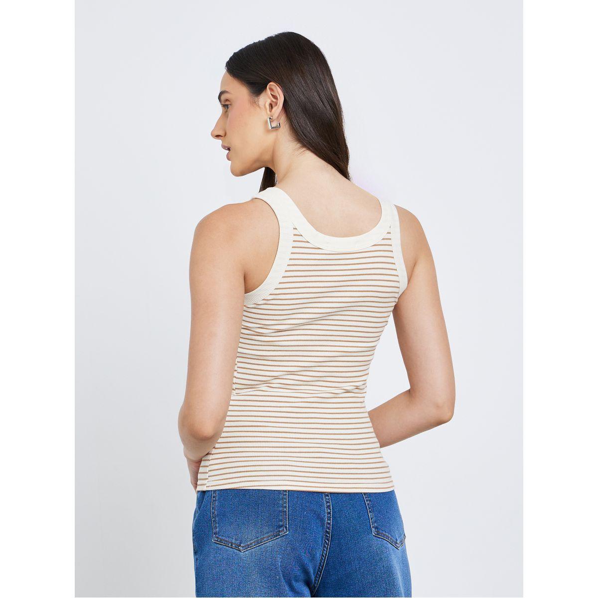 Styli Women Beige Striped Fitted Tank-women-clothing-tshirts-image-5