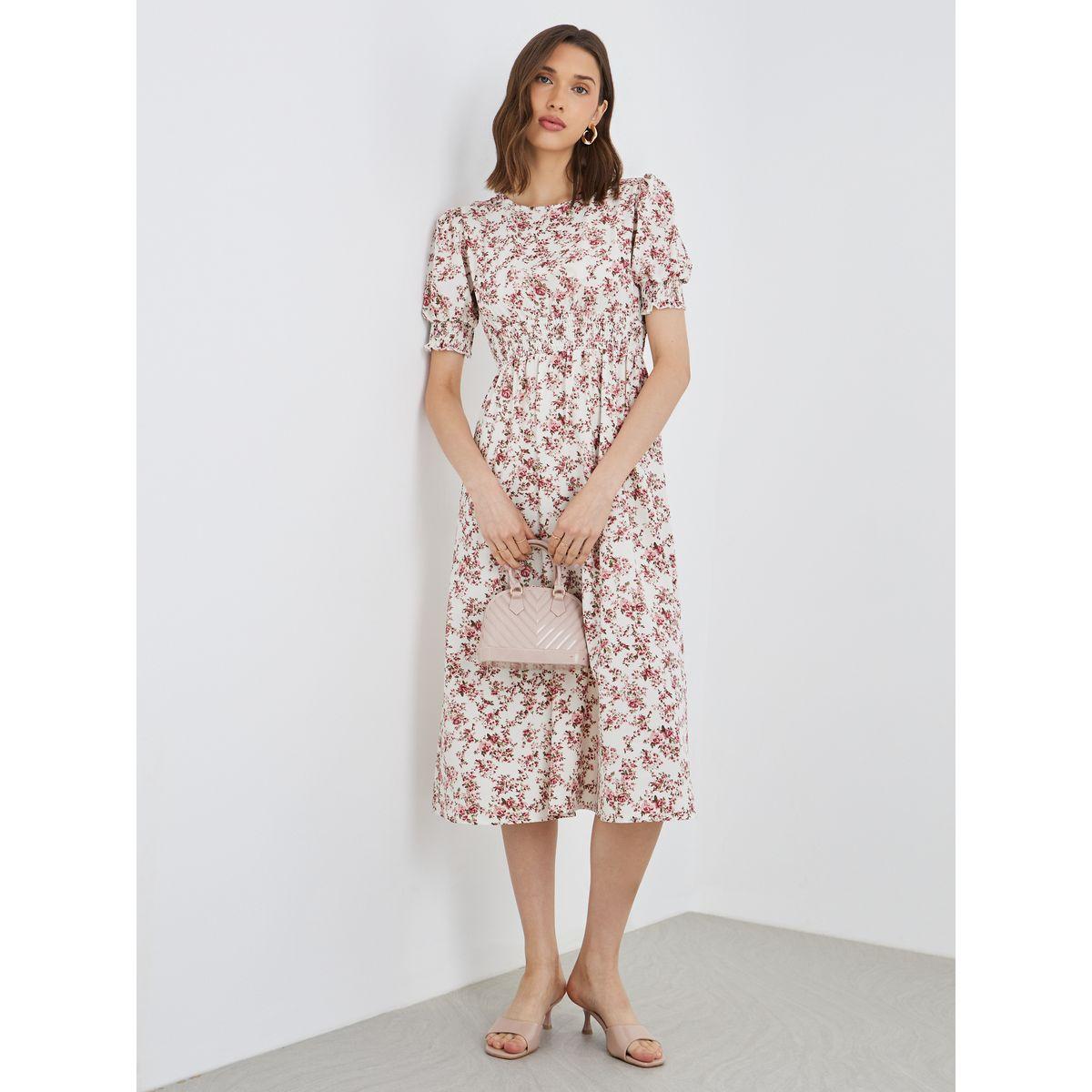 Styli Women Beige Floral Print A-Line Midi Dress-women-clothing-dresses-image-2