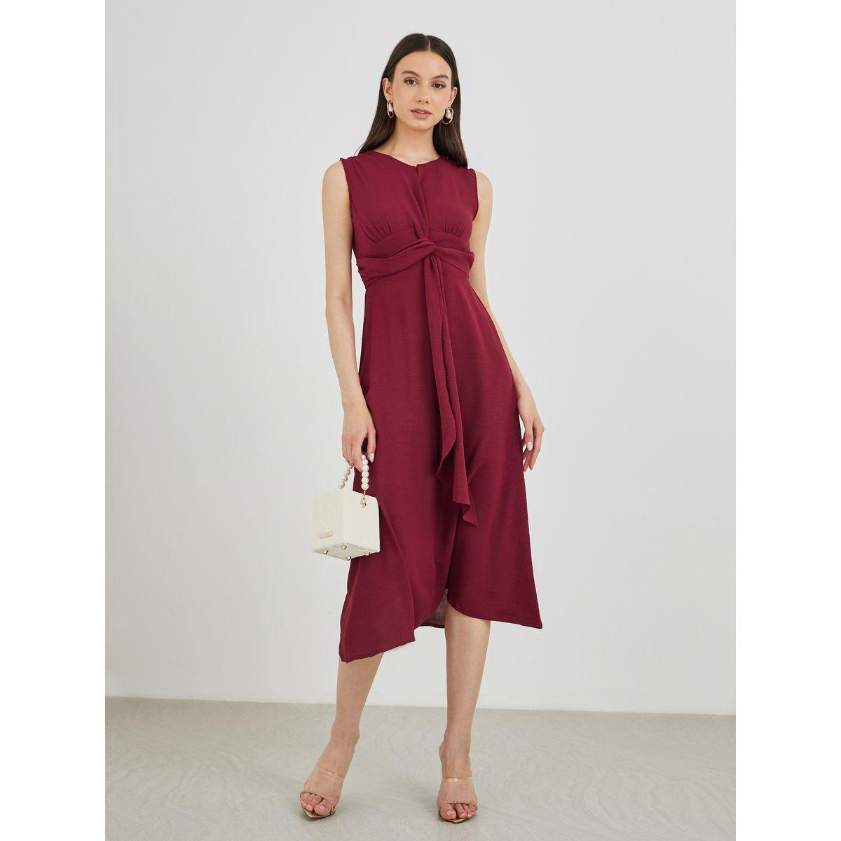 فستان ميدي سادة بلا أكمام مع نمط لف-women-clothing-dresses-image-2