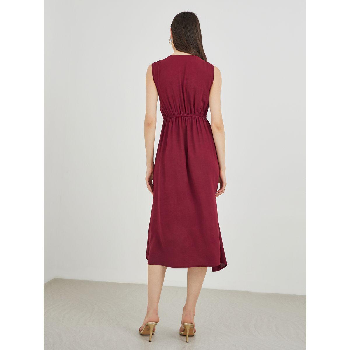 فستان ميدي سادة بلا أكمام مع نمط لف-women-clothing-dresses-image-5
