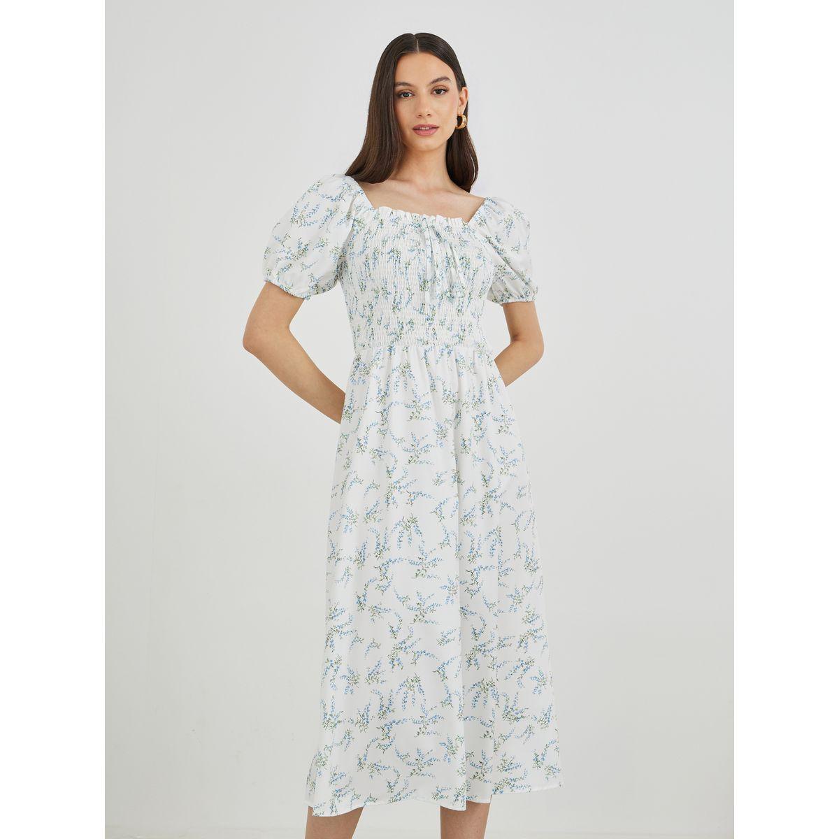 فستان ميدي بطبعة زهور وأكمام منفوخة-women-clothing-dresses-image-1