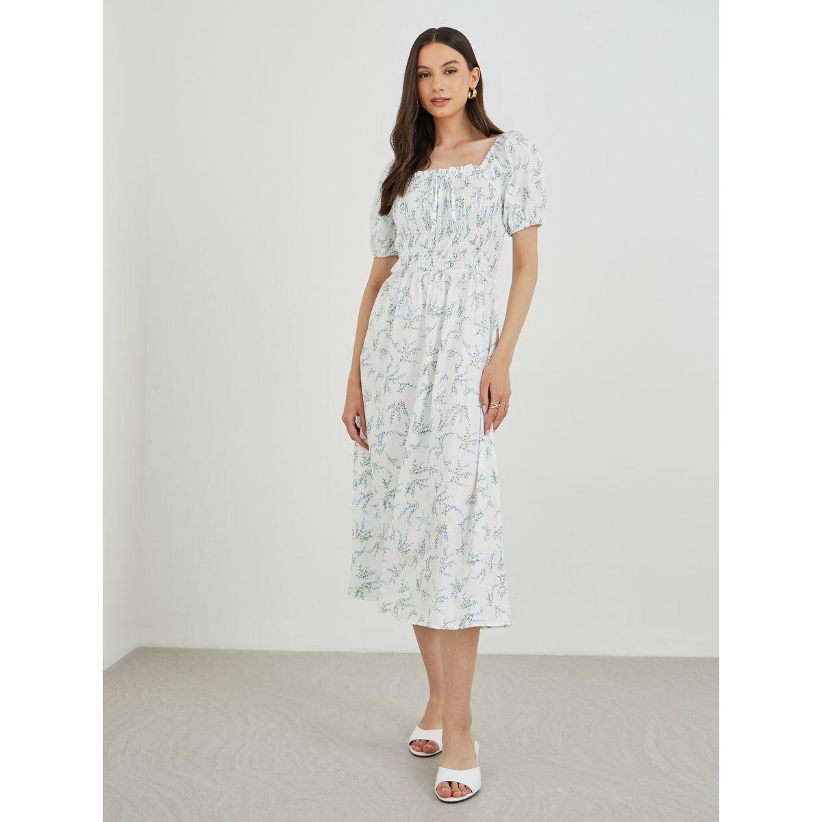 فستان ميدي بطبعة زهور وأكمام منفوخة-women-clothing-dresses-image-3