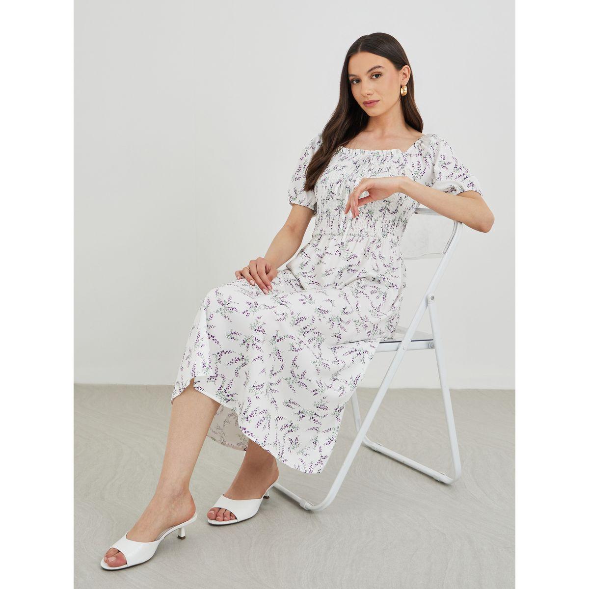 فستان ميدي بطبعة زهور وأكمام منفوخة-women-clothing-dresses-image-1