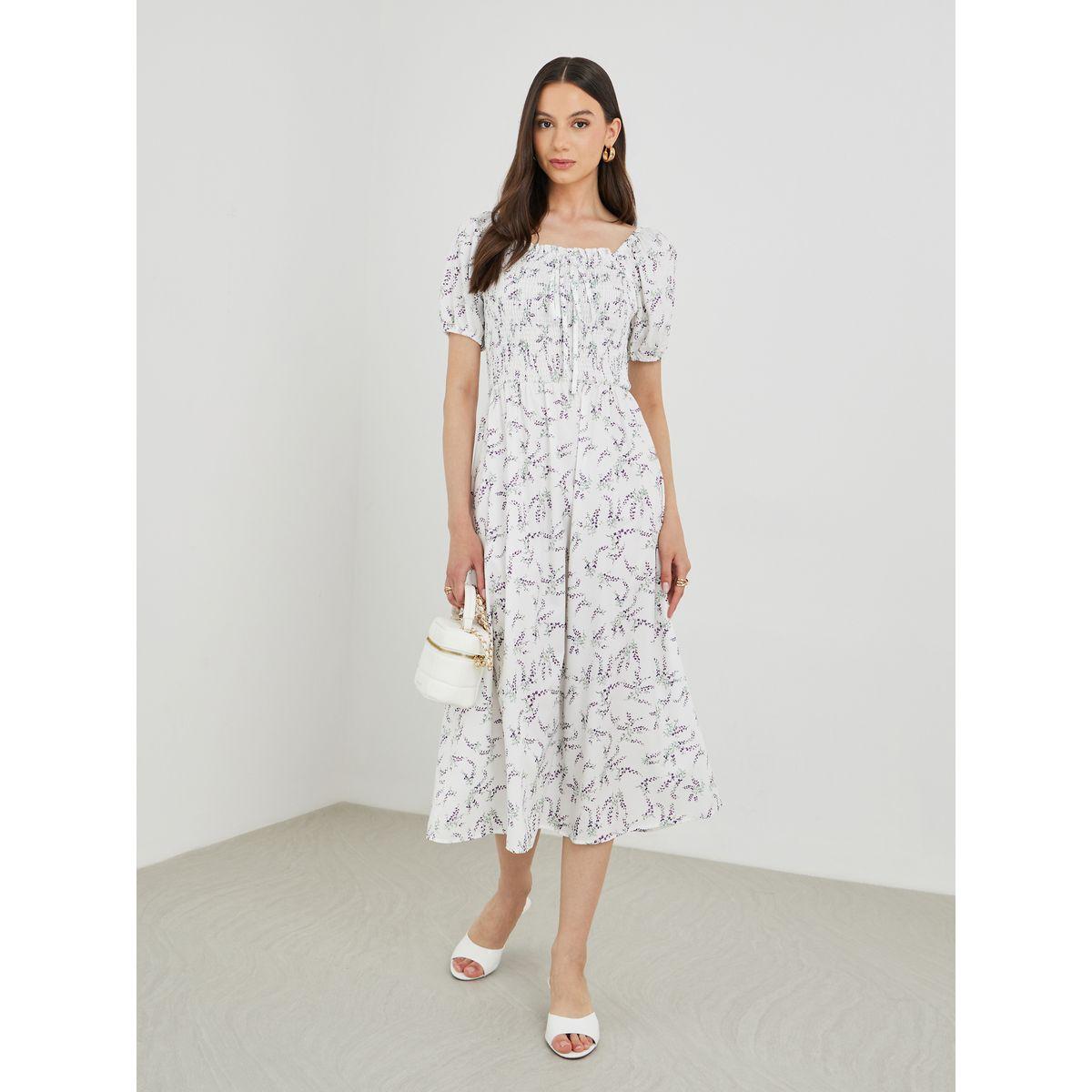 فستان ميدي بطبعة زهور وأكمام منفوخة-women-clothing-dresses-image-2