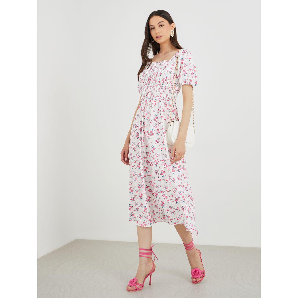 فستان ميدي بطبعة زهور وأكمام منفوخة-women-clothing-dresses-image-1