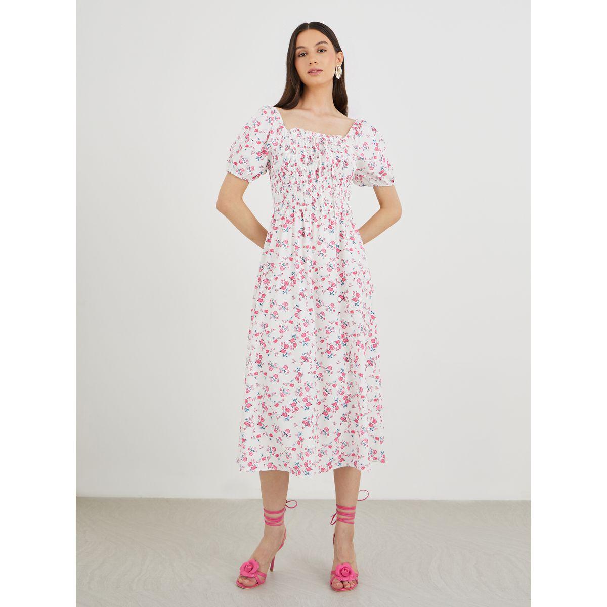 فستان ميدي بطبعة زهور وأكمام منفوخة-women-clothing-dresses-image-2