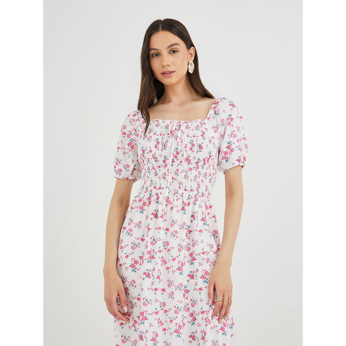 فستان ميدي بطبعة زهور وأكمام منفوخة-women-clothing-dresses-image-3