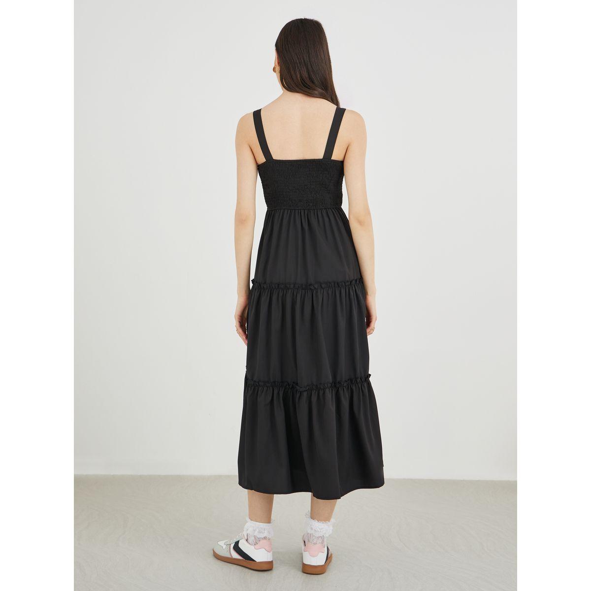 فستان ميدي سادة بحمالات كتف وتفاصيل مزمومة-women-clothing-dresses-image-5