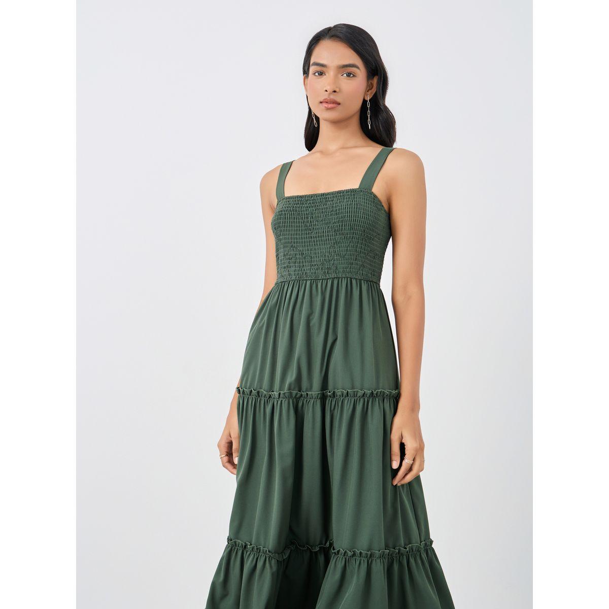 فستان ميدي سادة بحمالات كتف وتفاصيل مزمومة-women-clothing-dresses-image-3