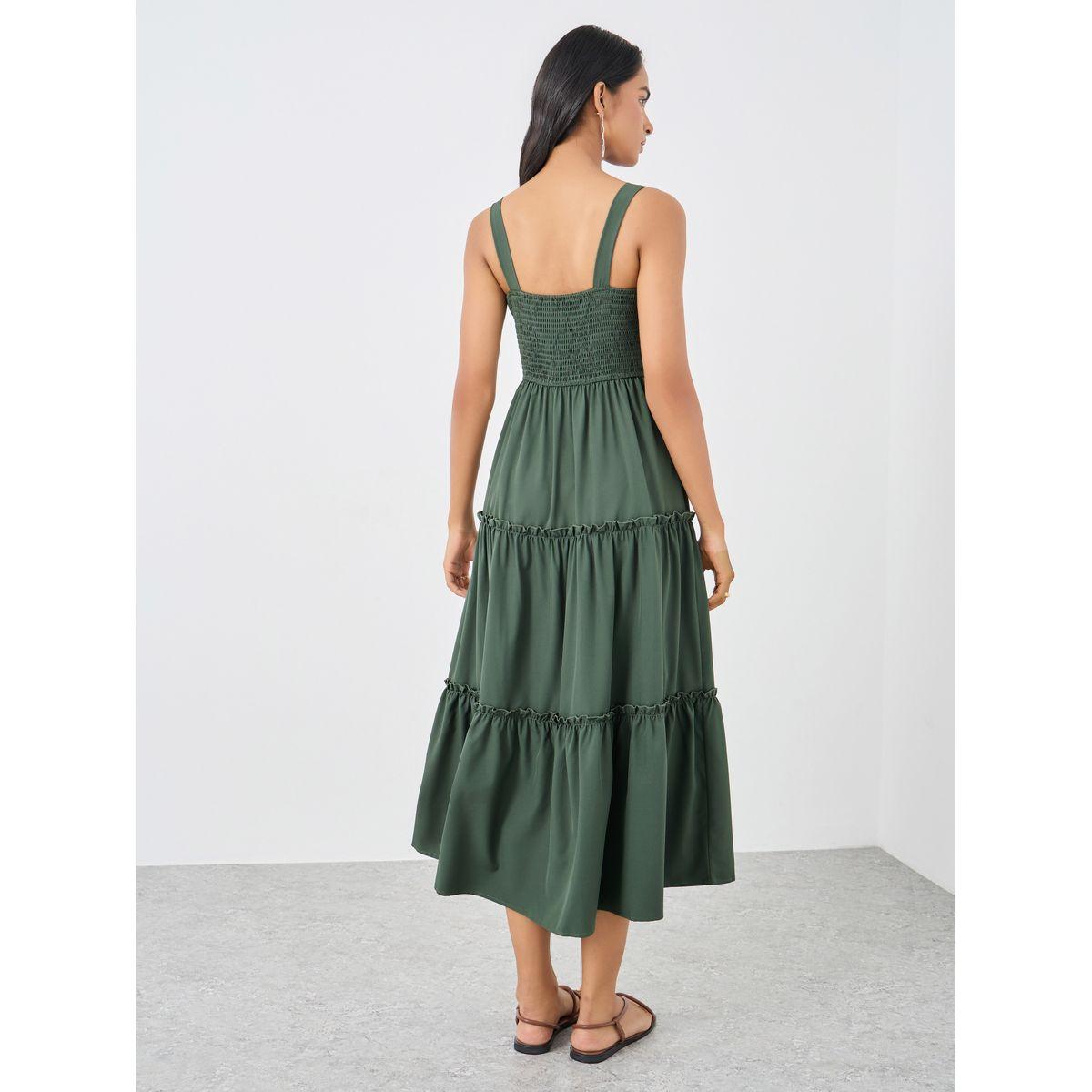 فستان ميدي سادة بحمالات كتف وتفاصيل مزمومة-women-clothing-dresses-image-5