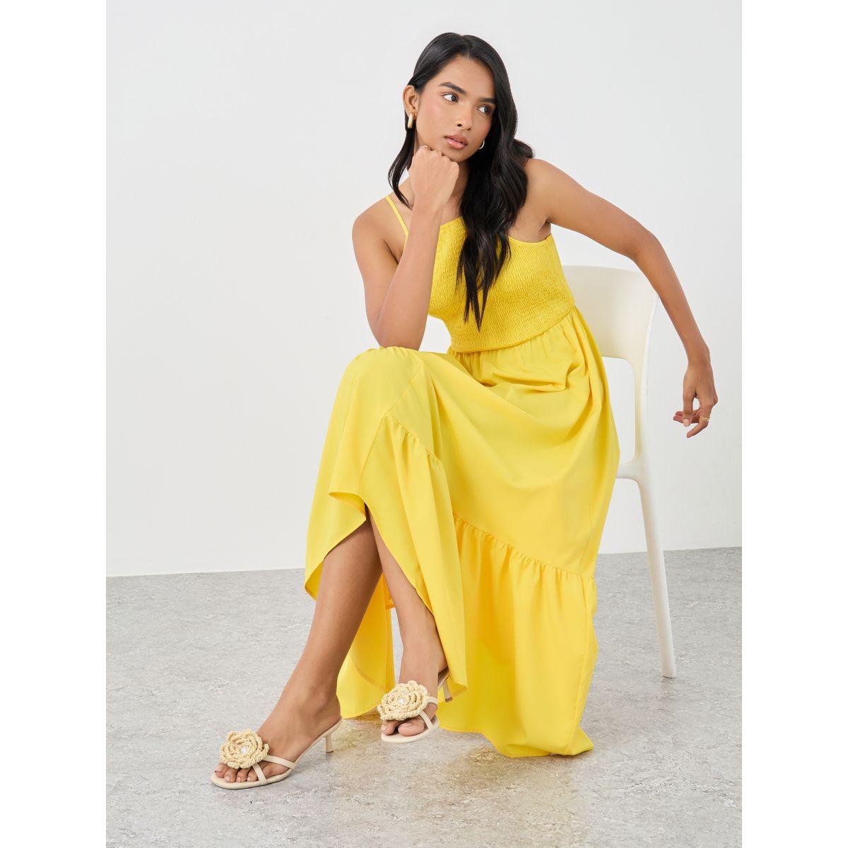 Styli Solid Smocking Detail Ruffle Hem A-Line Midi Dress-women-clothing-dresses-image-1