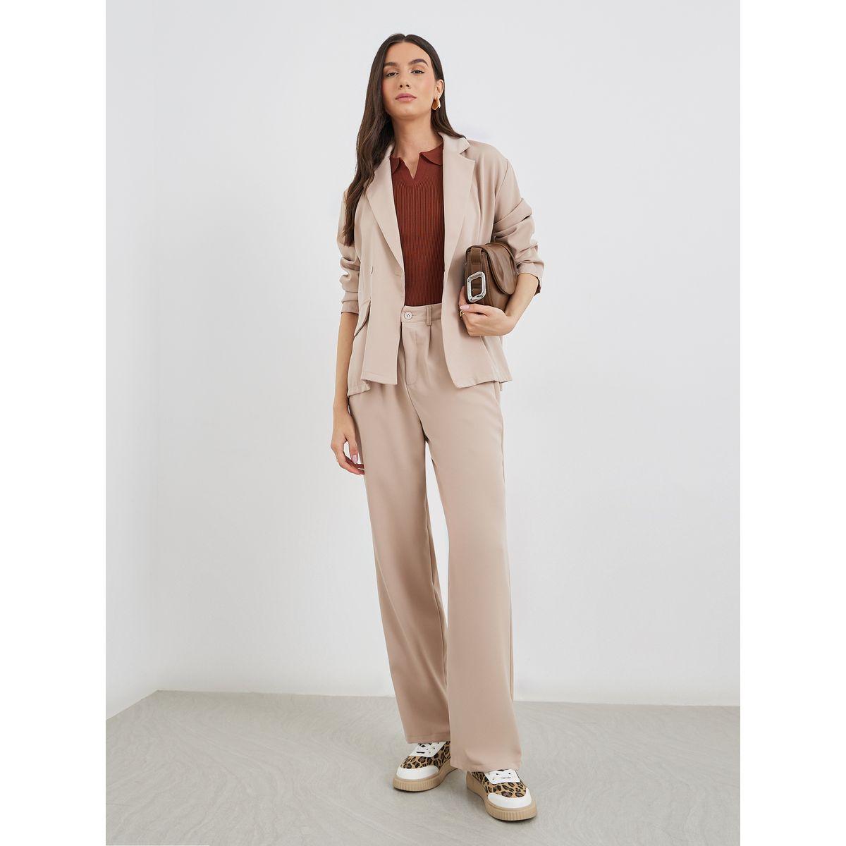 Styli Women Beige Solid Casual Blazer and Pants Co-Ods-women-clothing-coordsets-image-2