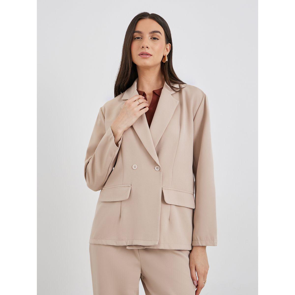 Styli Women Beige Solid Casual Blazer and Pants Co-Ods-women-clothing-coordsets-image-3