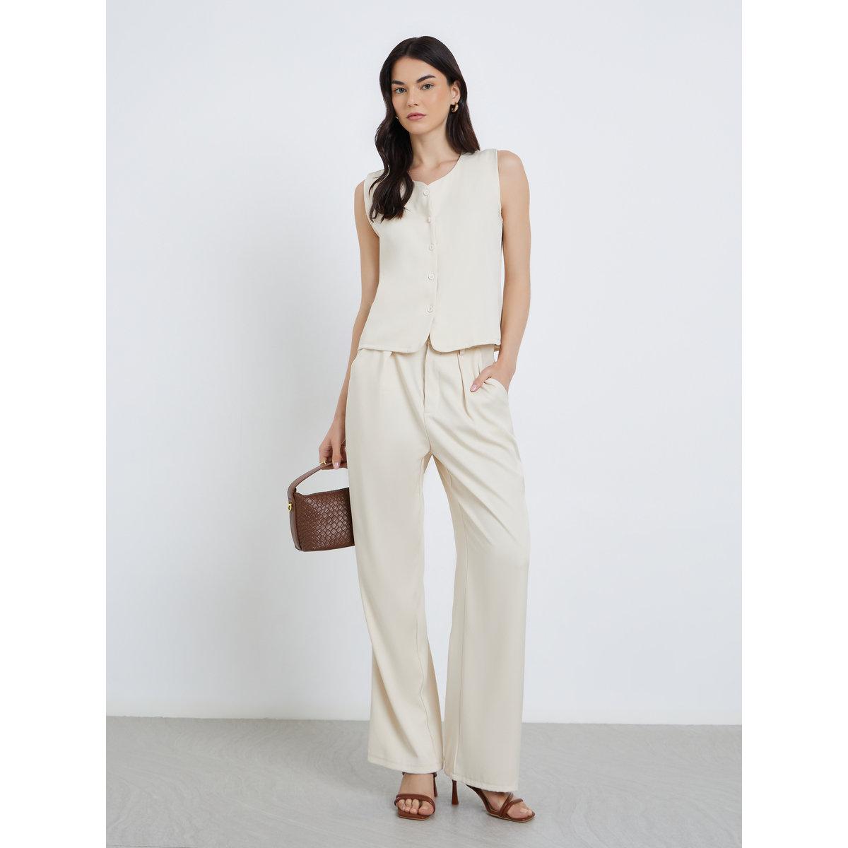 Styli Solid Sleeveless Buttoned Top and Pant Co-Ords-women-clothing-coordsets-image-1