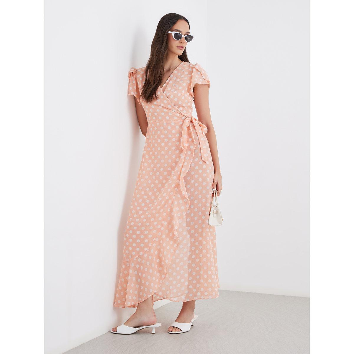 Maxim Creation Peach Polka Dot Wrap Maxi Dress-women-clothing-dresses-image-1