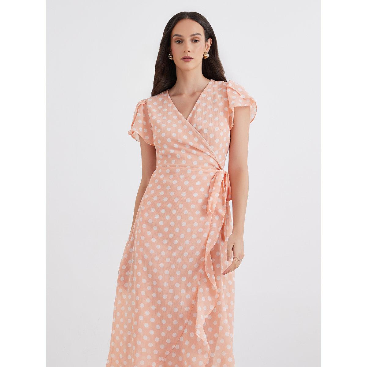 Maxim Creation Peach Polka Dot Wrap Maxi Dress-women-clothing-dresses-image-2
