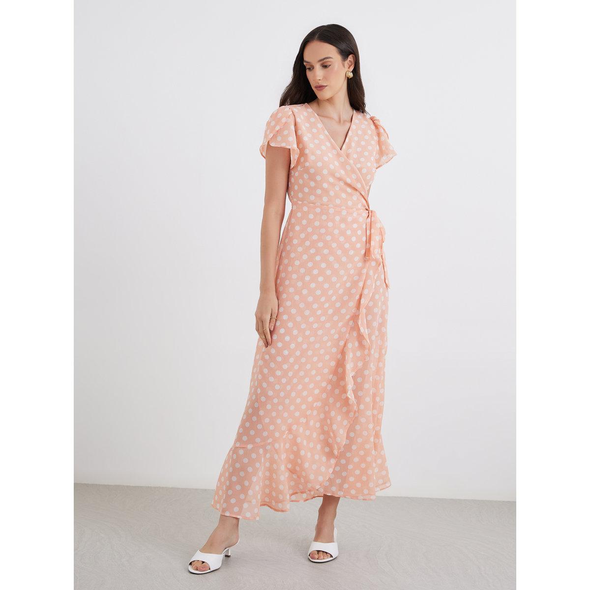 Maxim Creation Peach Polka Dot Wrap Maxi Dress-women-clothing-dresses-image-3