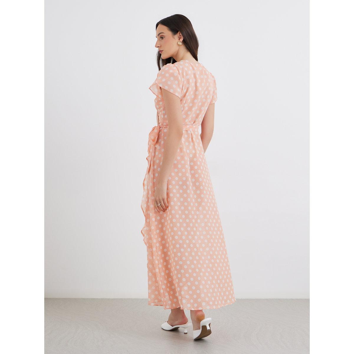 Maxim Creation Peach Polka Dot Wrap Maxi Dress-women-clothing-dresses-image-5
