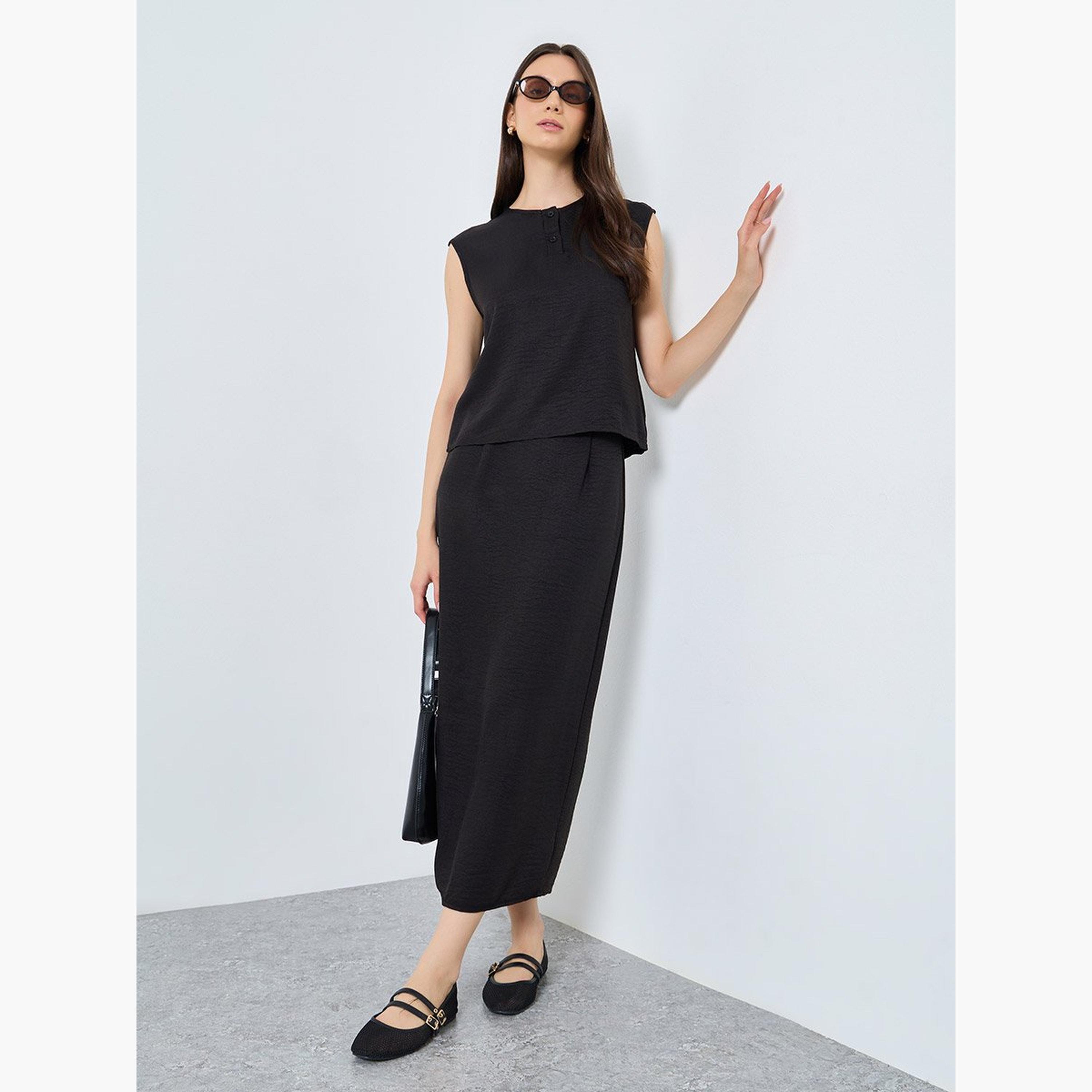 Take Two Solid Sleeveless Buttoned Top and Skirts Set-women-clothing-coordsets-image-1