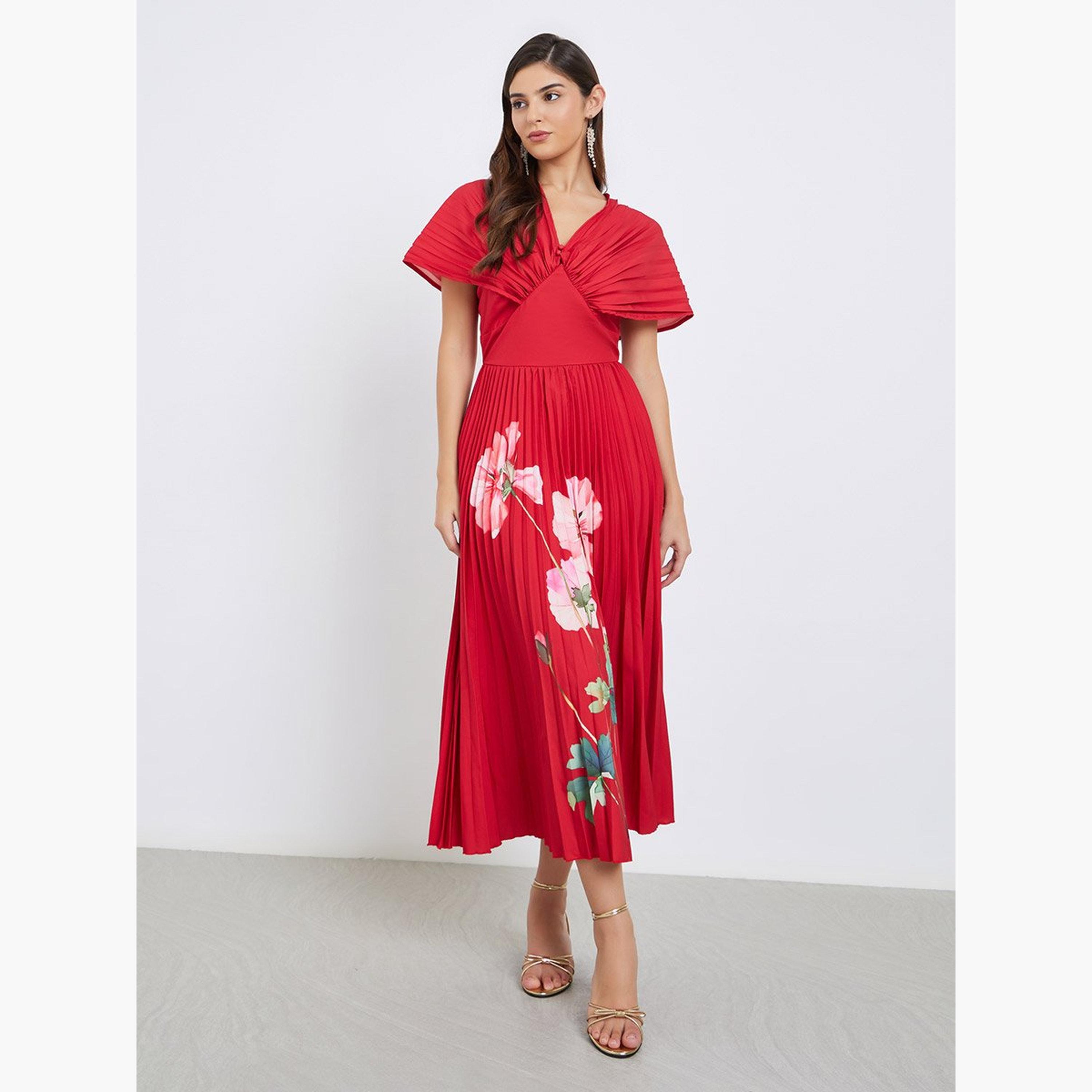 Styli Red Floral Pleated Midi Dress-women-clothing-dresses-image-2