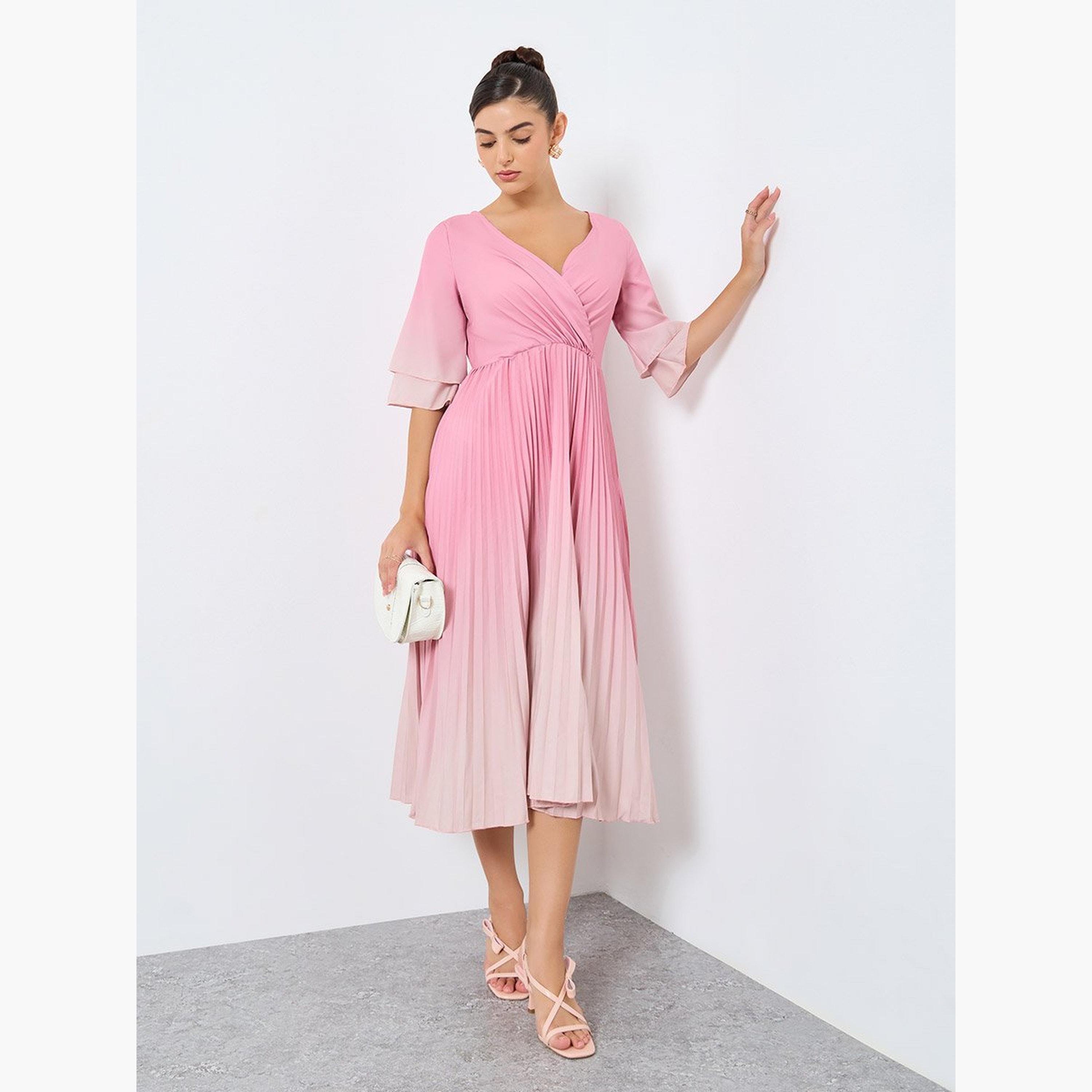 ستايلي - فستان متوسط ​​الطول بطبعة العنبر ومطوي قصة A-women-clothing-dresses-image-1