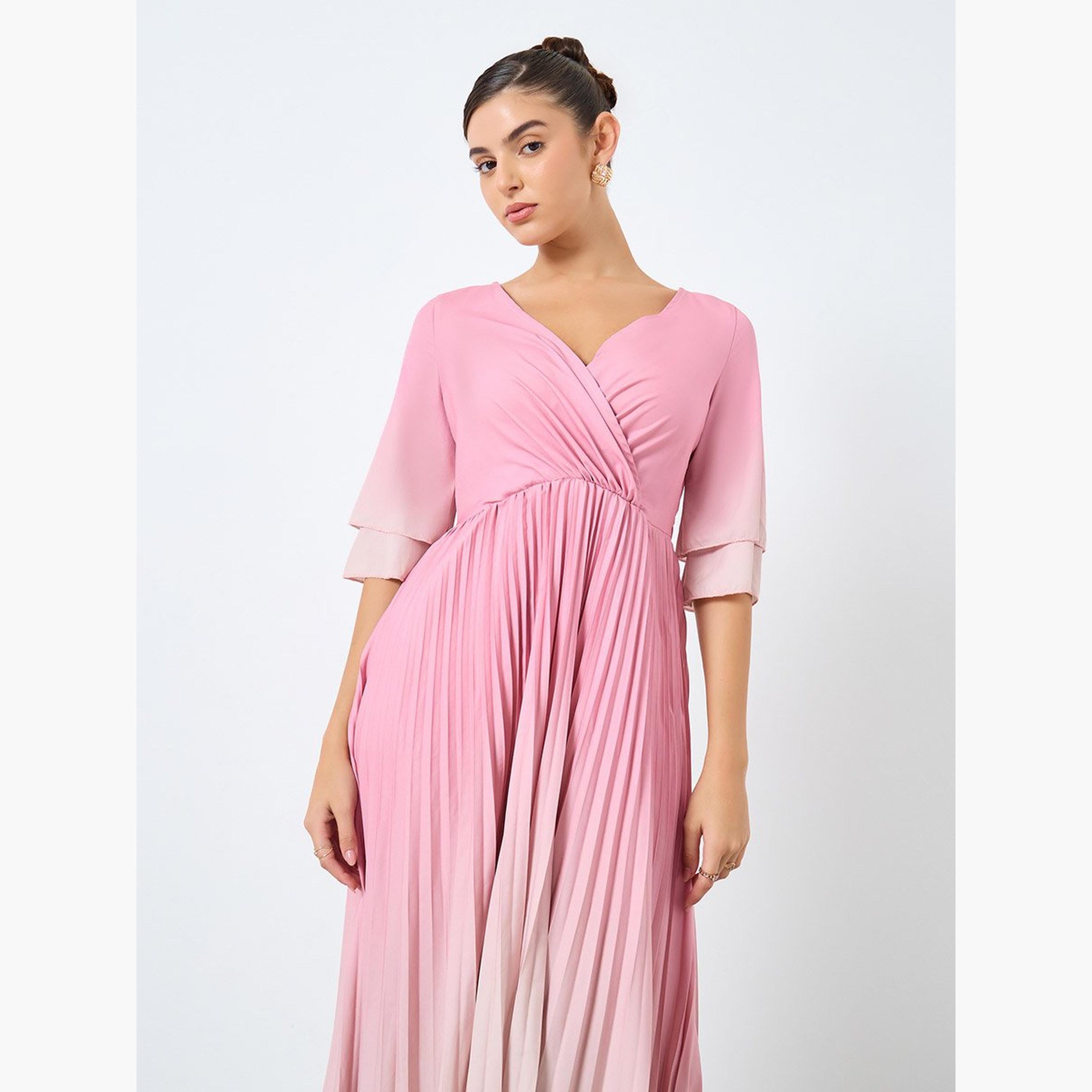 ستايلي - فستان متوسط ​​الطول بطبعة العنبر ومطوي قصة A-women-clothing-dresses-image-3