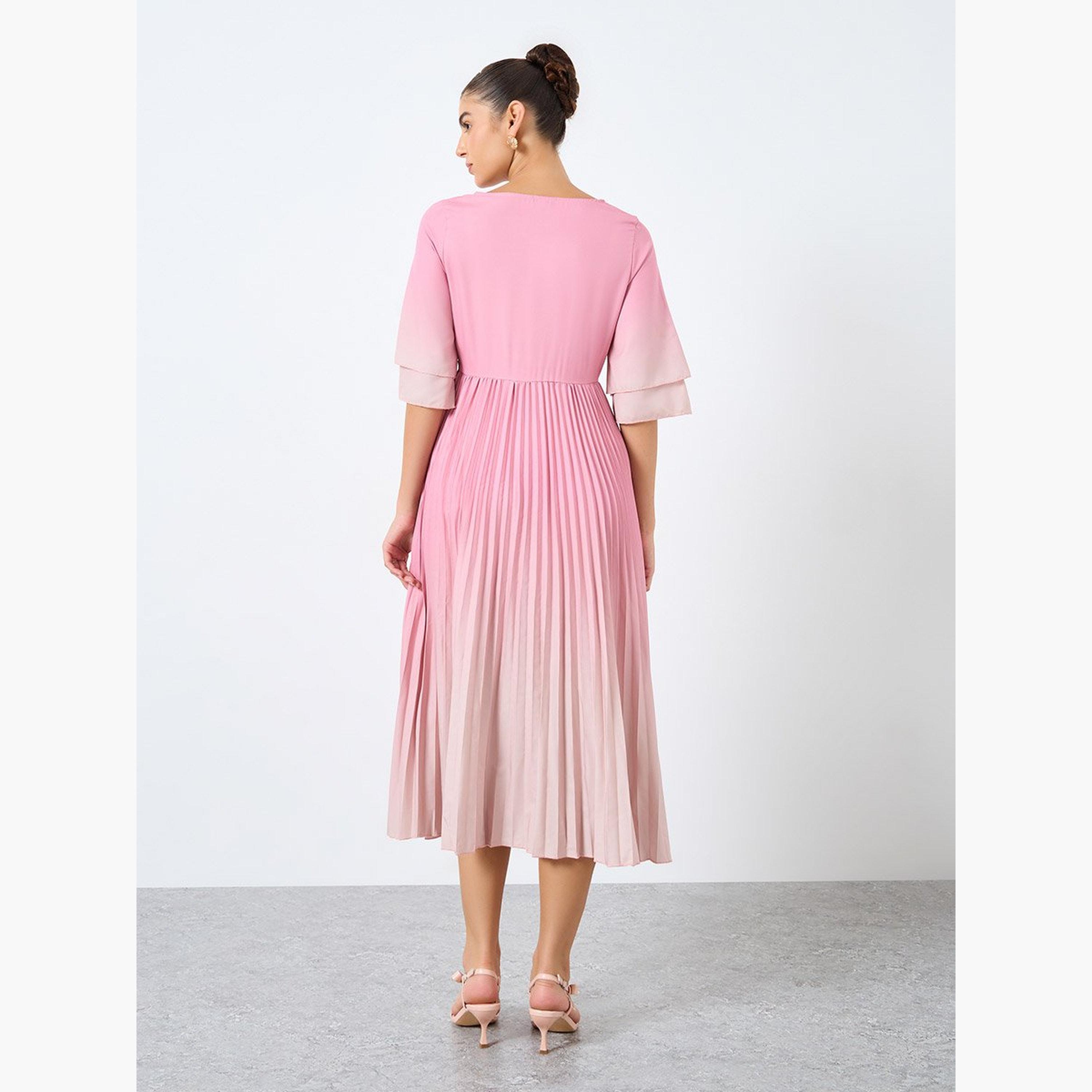 ستايلي - فستان متوسط ​​الطول بطبعة العنبر ومطوي قصة A-women-clothing-dresses-image-5