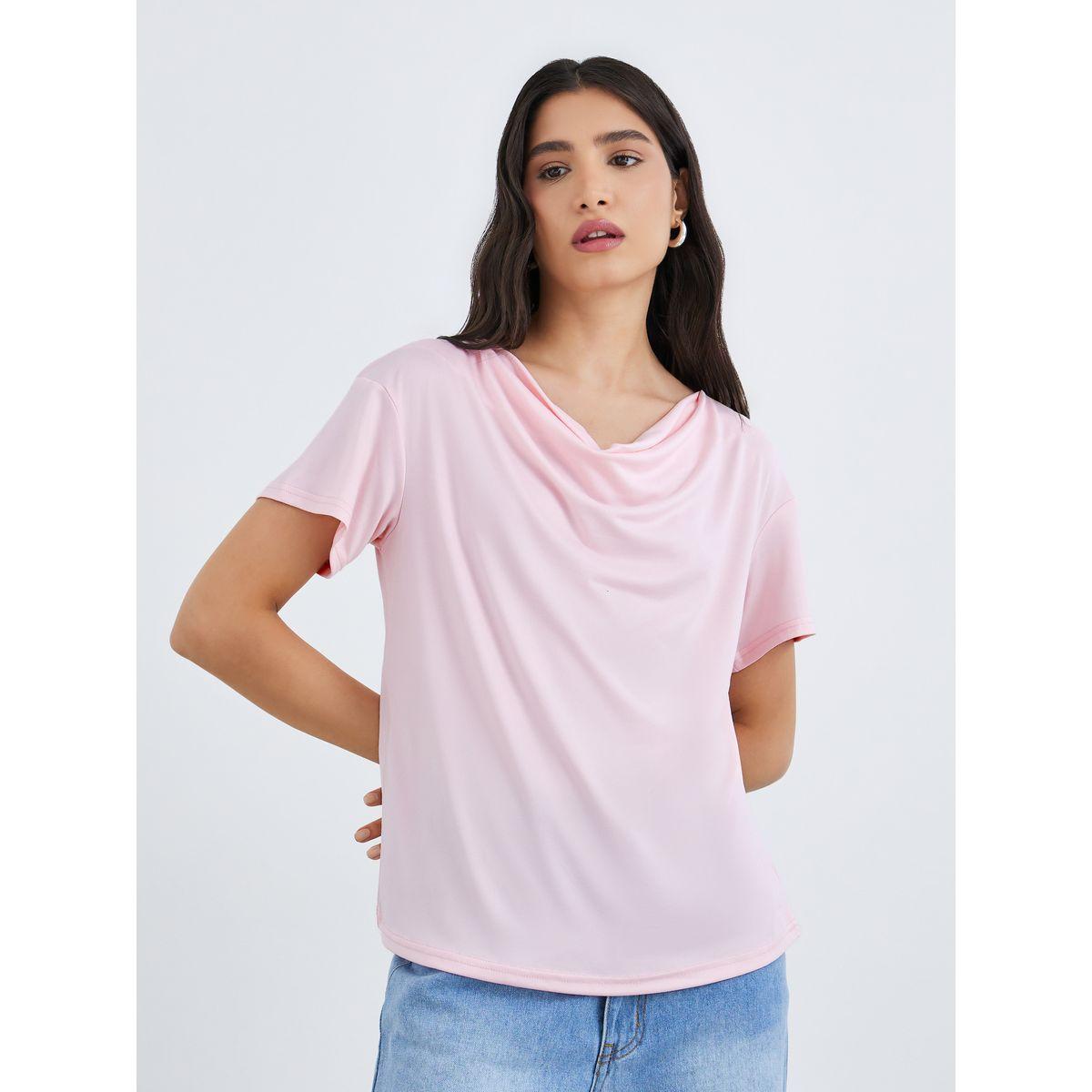 Styli Pink Cowl Neck Boxy Fit T-Shirt-women-clothing-tshirts-image-1
