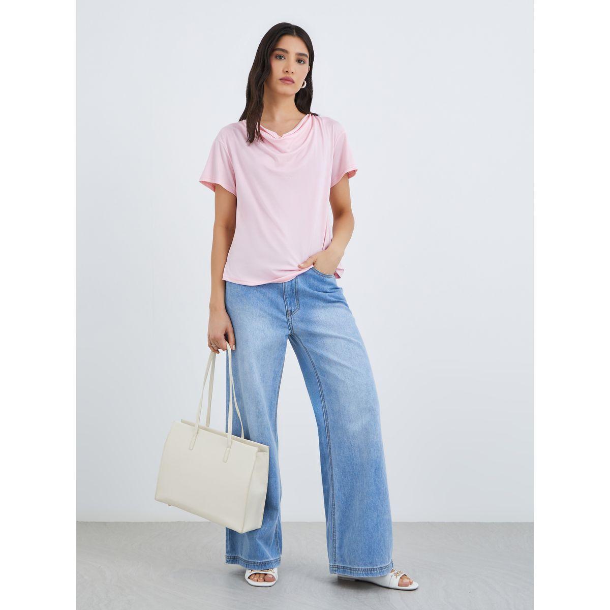 Styli Pink Cowl Neck Boxy Fit T-Shirt-women-clothing-tshirts-image-2