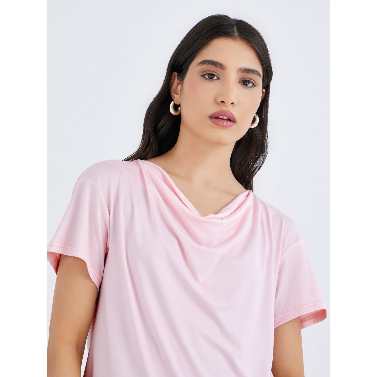 Styli Pink Cowl Neck Boxy Fit T-Shirt-women-clothing-tshirts-image-3