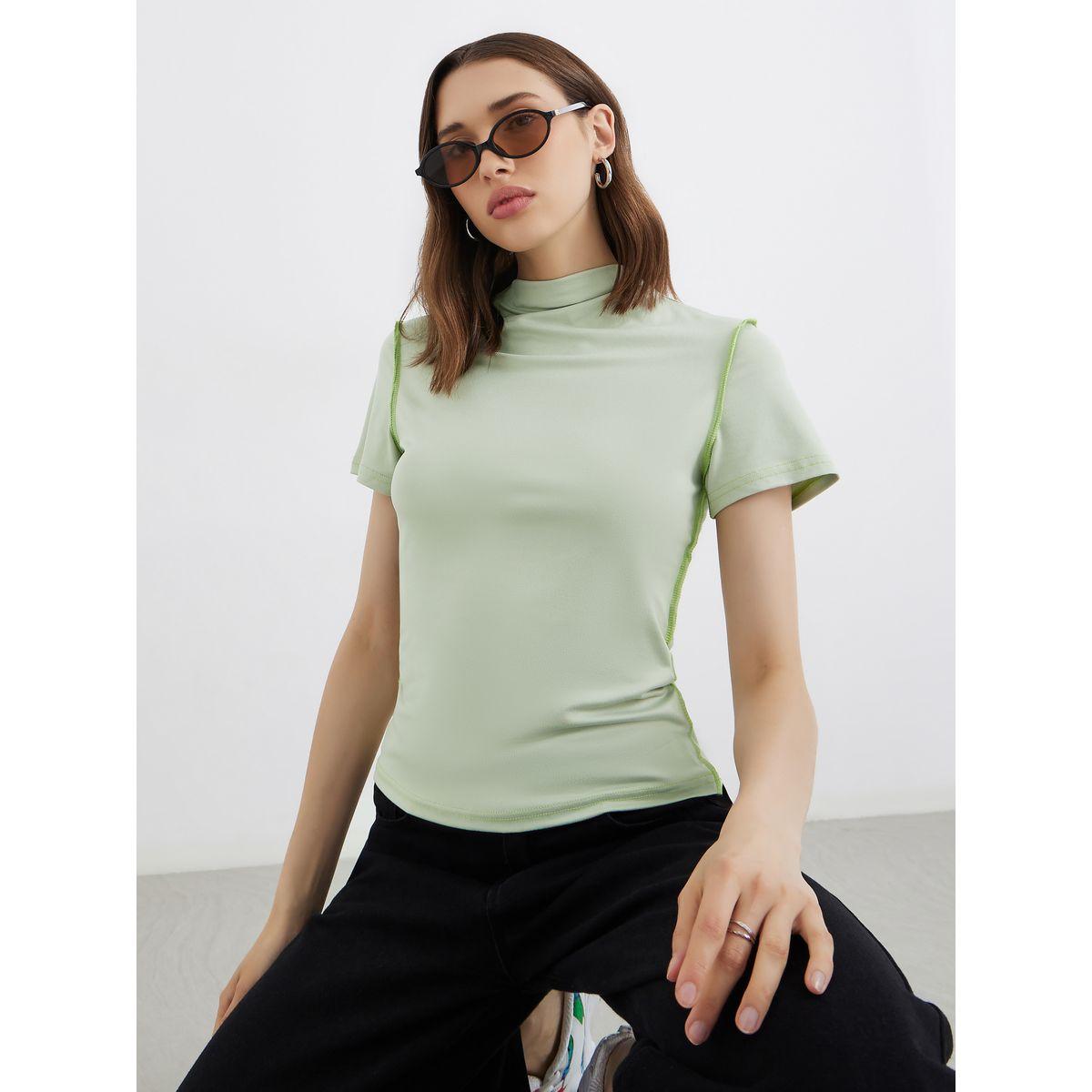 تيشيرت سادة بياقة عالية وتفاصيل خياطة-women-clothing-tshirts-image-1