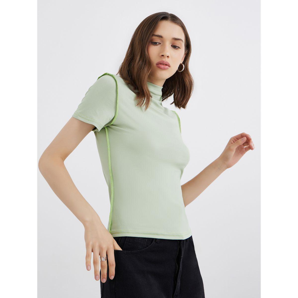 Styli Solid High Neck Stitch Detail Regular Fit T-Shirt-women-clothing-tshirts-image-3